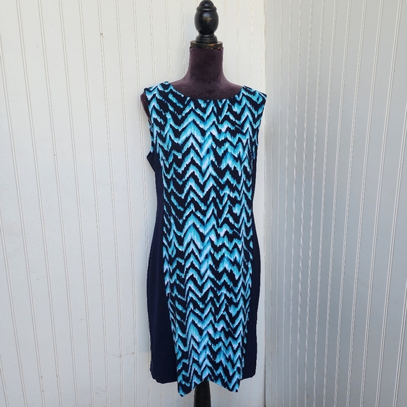 Connected Apparel Navy Blue Aqua Wave Sleeveless Sheath Dress Women's 10 - Picture 1 of 13